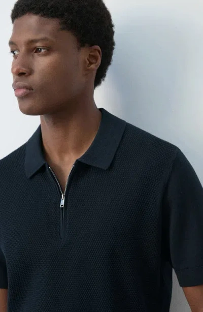 Mango Solid Cotton Waffle Zip Polo Sweater In Blue