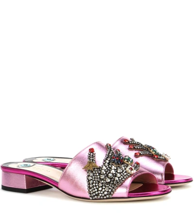 Shop Gucci Crystal-embellished Metallic Leather Sandals In Pink