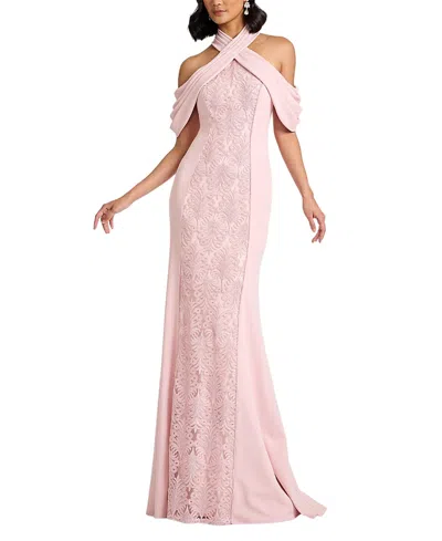 Tadashi Shoji Kato Embroidered Off-shoulder Halter Gown In Pink