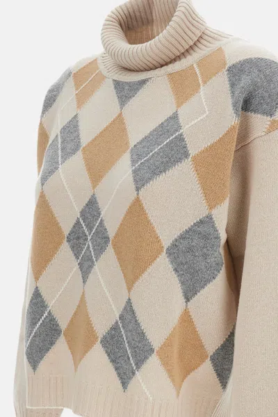 Lorena Antoniazzi Cropped Beige Argyle Pattern Sweater In Multi