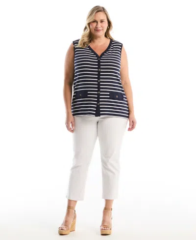 Rafaella Plus Size Striped Button Front Sleeveless Tank Top In Blue