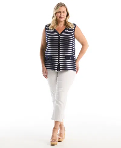 Rafaella Plus Size Striped Button Front Sleeveless Tank Top In Blue