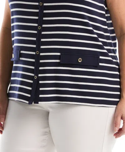 Rafaella Plus Size Striped Button Front Sleeveless Tank Top In Blue