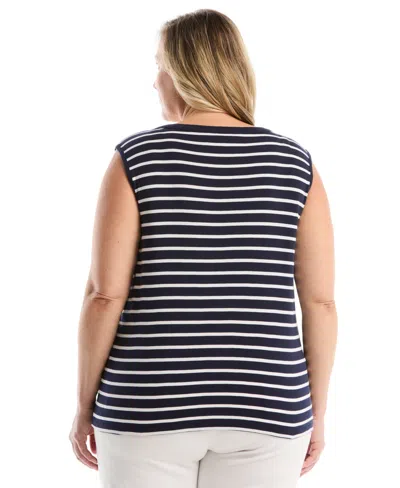 Rafaella Plus Size Striped Button Front Sleeveless Tank Top In Blue