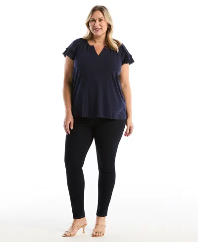 Rafaella Plus Size Eyelet Flutter Sleeve Split Neck Short Sleeve Top In Blue