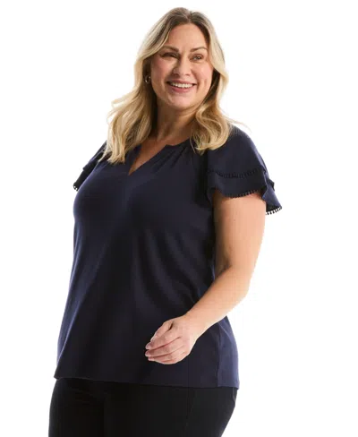 Rafaella Plus Size Eyelet Flutter Sleeve Split Neck Short Sleeve Top In Blue