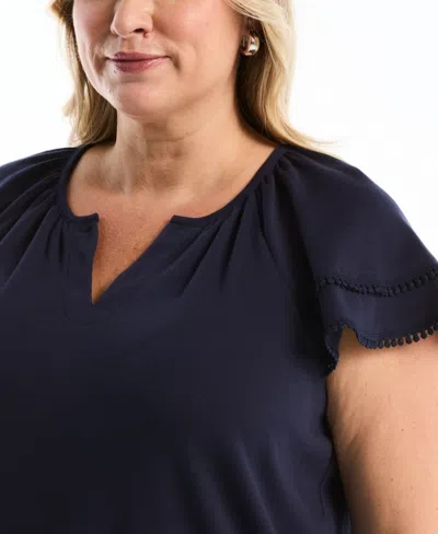 Rafaella Plus Size Eyelet Flutter Sleeve Split Neck Short Sleeve Top In Blue