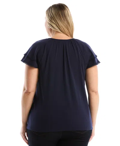 Rafaella Plus Size Eyelet Flutter Sleeve Split Neck Short Sleeve Top In Blue