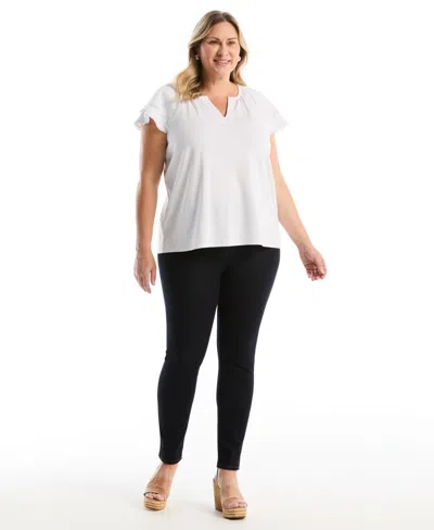Rafaella Plus Size Eyelet Flutter Sleeve Split Neck Short Sleeve Top In White