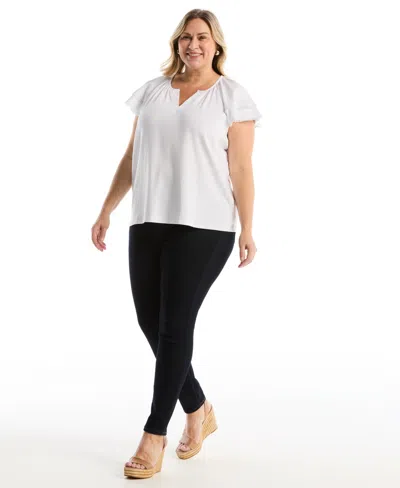 Rafaella Plus Size Eyelet Flutter Sleeve Split Neck Short Sleeve Top In White