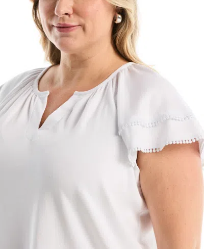 Rafaella Plus Size Eyelet Flutter Sleeve Split Neck Short Sleeve Top In White