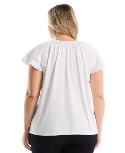 Rafaella Plus Size Eyelet Flutter Sleeve Split Neck Short Sleeve Top In White