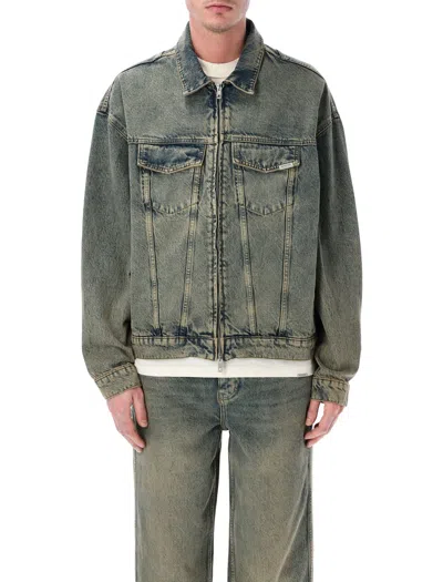 Represent R4 Denim Jacket Buttoned Cuffs Front Pockets In Green