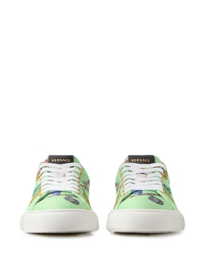 Versace Greca Printed Canvas Sneakers In Green