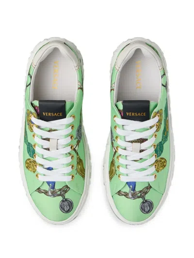 Versace Greca Printed Canvas Sneakers In Green