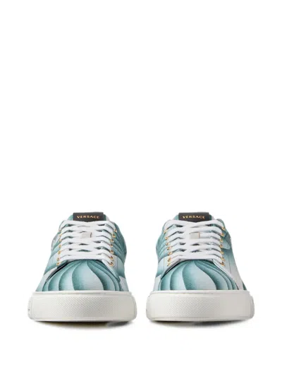 Versace Greca Printed Canvas Sneakers In Blue