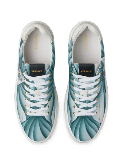 Versace Greca Printed Canvas Sneakers In Blue