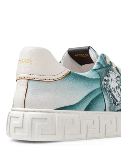 Versace Greca Printed Canvas Sneakers In Blue