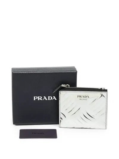 Pre-owned Prada Logo-print Bi-fold Wallet In Silver