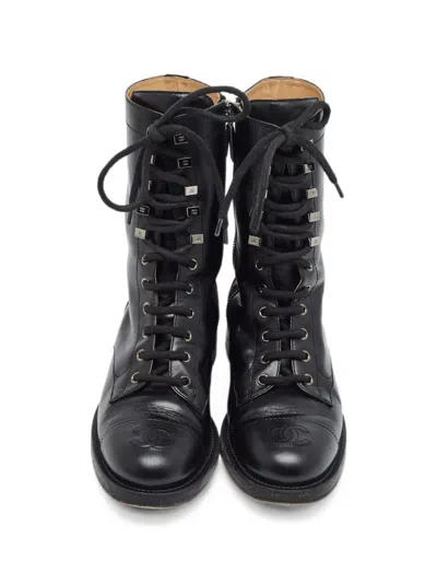 Pre-owned Chanel Cc Interlocking Lace-up Boots In Black