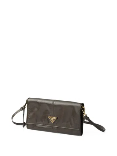 Prada Leather Wallet With Shoulder Strap In Brown