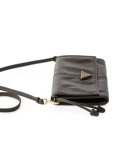 Prada Leather Wallet With Shoulder Strap In Brown