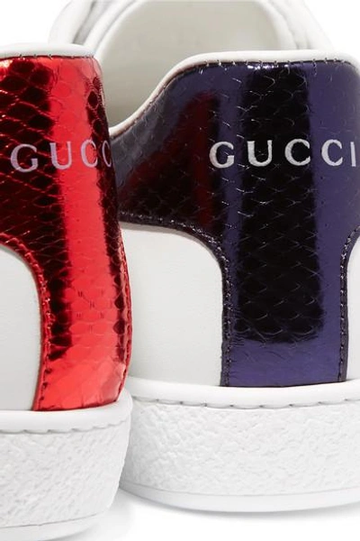 Shop Gucci Snake-trimmed Embellished Leather Sneakers In White