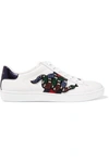 GUCCI SNAKE-TRIMMED EMBELLISHED LEATHER SNEAKERS