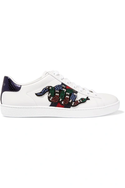 Shop Gucci Snake-trimmed Embellished Leather Sneakers In White