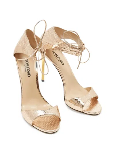 Pre-owned Tom Ford Python-embossed Ankle-strap Sandals In Gold