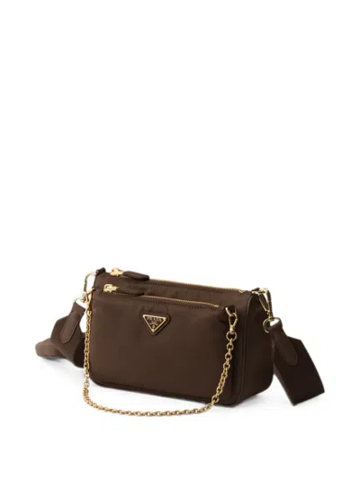 Prada Re-nylon And Saffiano Leather Mini Shoulder Bag In Brown