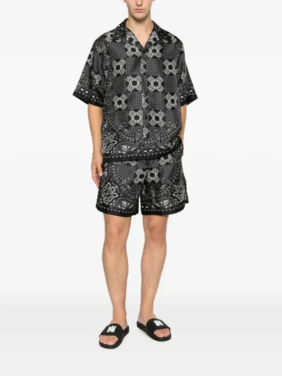 Amiri Silk Bowling Shirt With Cuban Collar And All-over Geometric Print In Blue