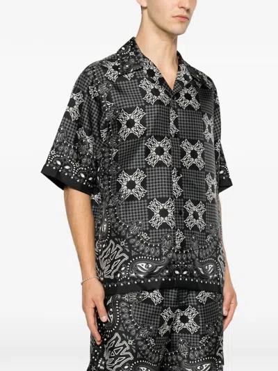 Amiri Silk Bowling Shirt With Cuban Collar And All-over Geometric Print In Blue