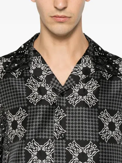 Amiri Silk Bowling Shirt With Cuban Collar And All-over Geometric Print In Blue