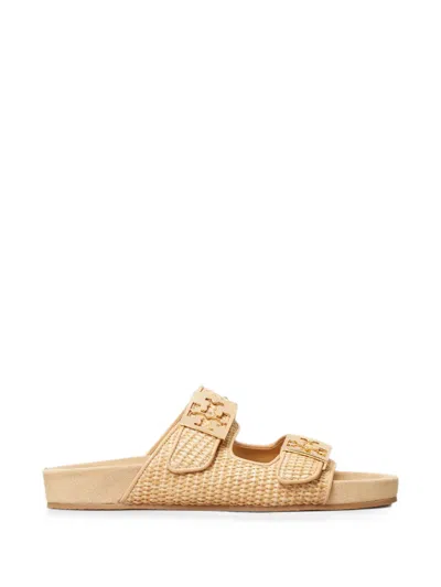 Tory Burch Mellow Logo-embellished Raffia And Leather Sandals In Neutral