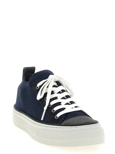 Brunello Cucinelli Bead-embellished Suede-trimmed Stretch-knit Sneakers In Blue