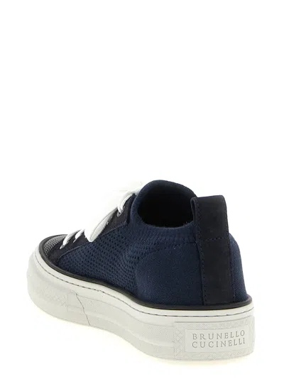 Brunello Cucinelli Bead-embellished Suede-trimmed Stretch-knit Sneakers In Blue