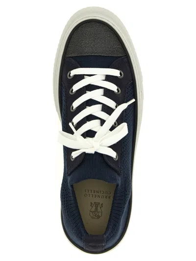 Brunello Cucinelli Bead-embellished Suede-trimmed Stretch-knit Sneakers In Blue