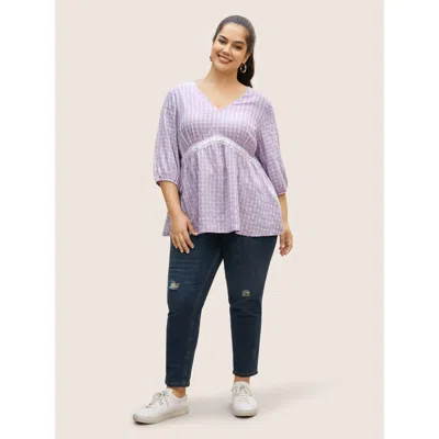 Bloomchic Gingham Patchwork Lantern Sleeve Blouse In Purple