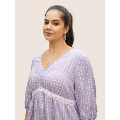 Bloomchic Gingham Patchwork Lantern Sleeve Blouse In Purple