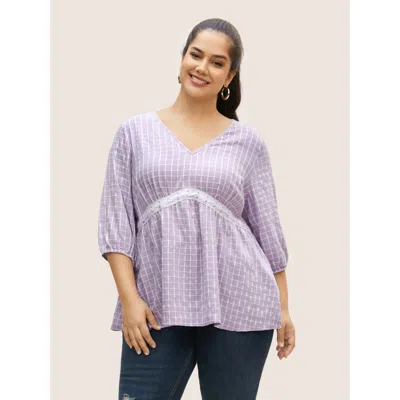 Bloomchic Gingham Patchwork Lantern Sleeve Blouse In Purple