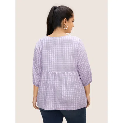 Bloomchic Gingham Patchwork Lantern Sleeve Blouse In Purple