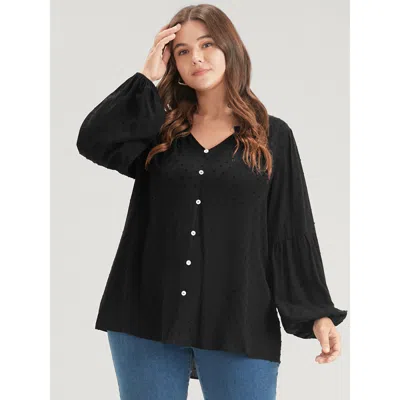 Bloomchic Solid Button Lantern Sleeve Polka Dot Blouse In Black
