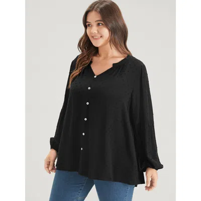 Bloomchic Solid Button Lantern Sleeve Polka Dot Blouse In Black