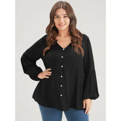 Bloomchic Solid Button Lantern Sleeve Polka Dot Blouse In Black