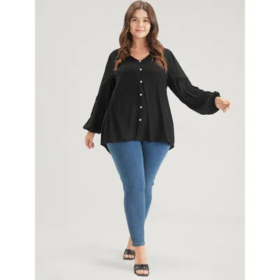 Bloomchic Solid Button Lantern Sleeve Polka Dot Blouse In Black