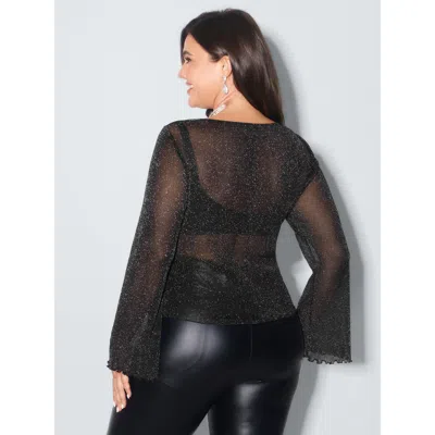 Bloomchic Sheer Knot-front Jersey Top In Black