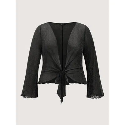 Bloomchic Sheer Knot-front Jersey Top In Black