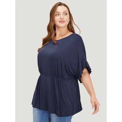 Bloomchic Plain Gathered Batwing Sleeve Ruffle T-shirt In Blue