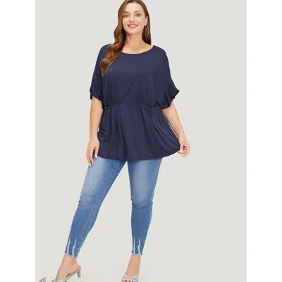 Bloomchic Plain Gathered Batwing Sleeve Ruffle T-shirt In Blue
